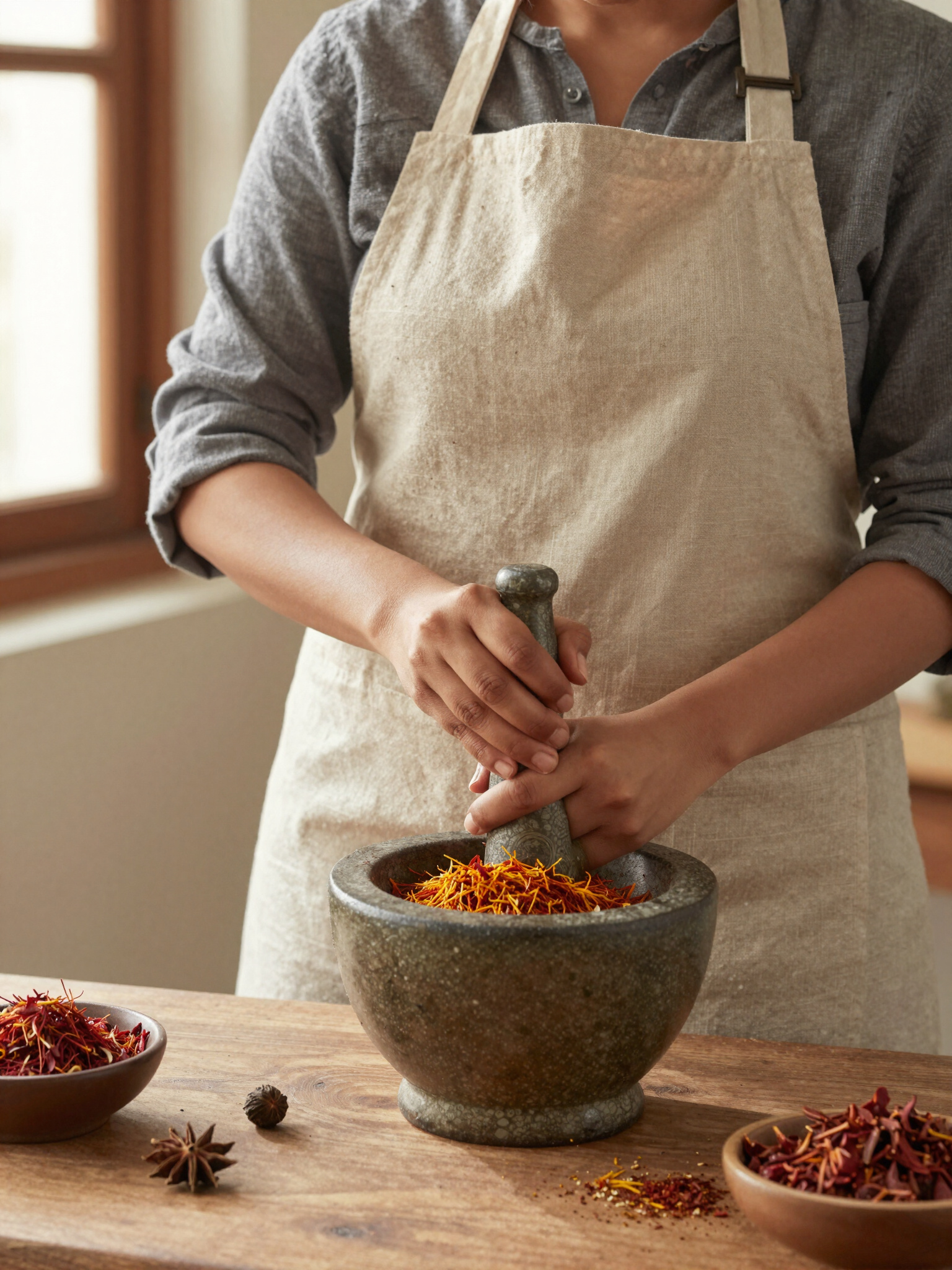A woman in an apron grinding spices with a mortar and pestle