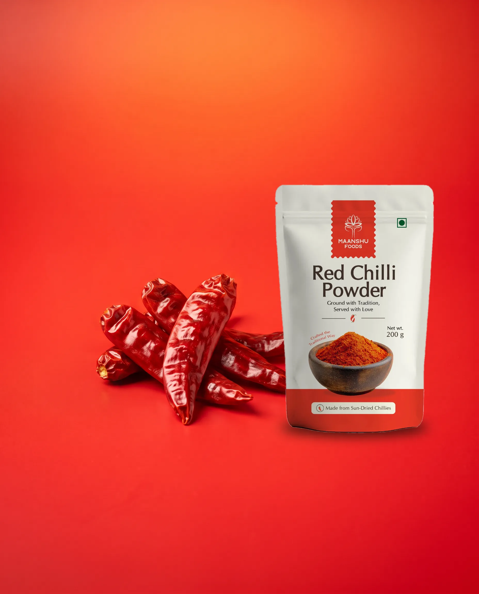Maanshu Red Chilli Powder pouch with whole sun-dried Guntur chillies