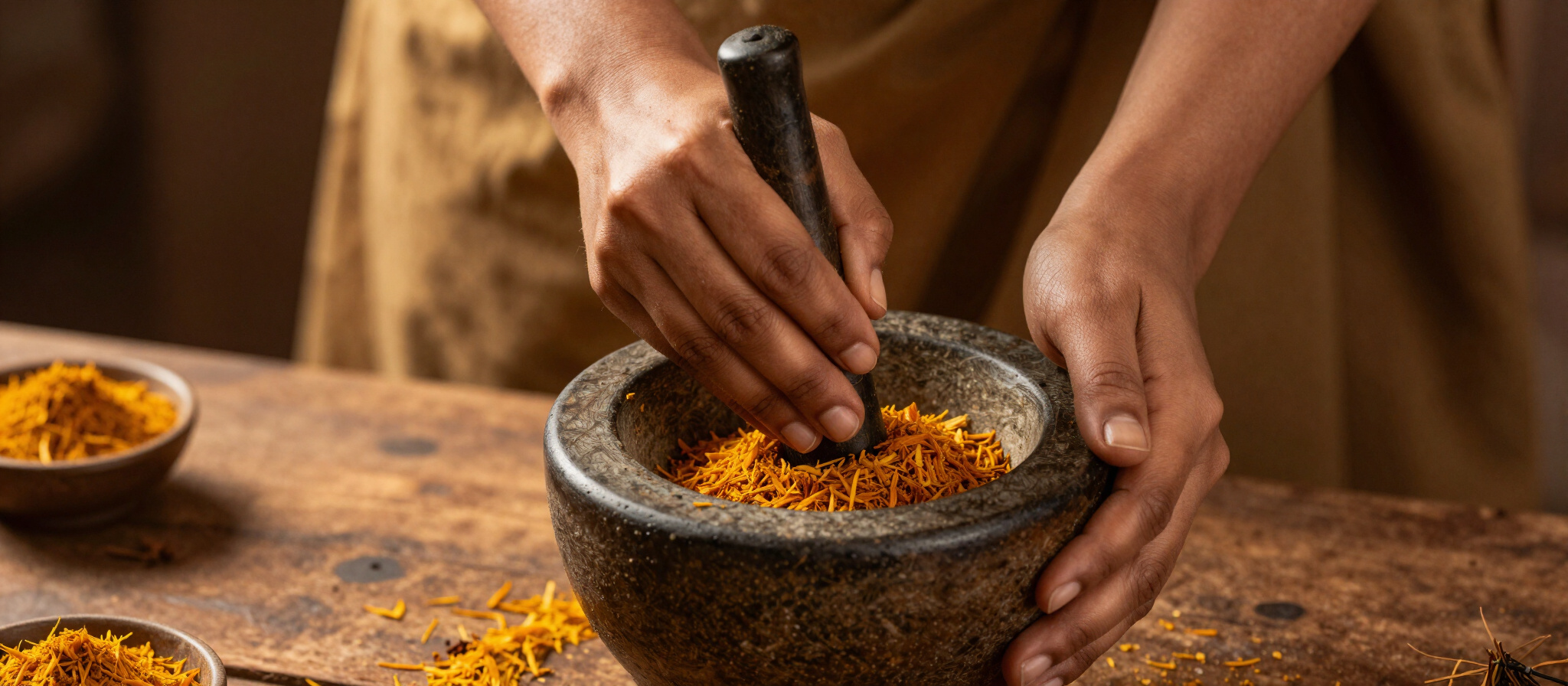 Hands grinding saffron with a mortar and pestle
